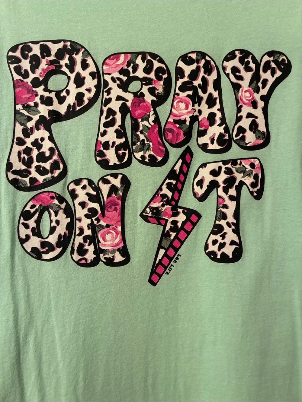 Girls' Mint Short Sleeve Tee with Pink Leopard 'Pray Out' Graphic
